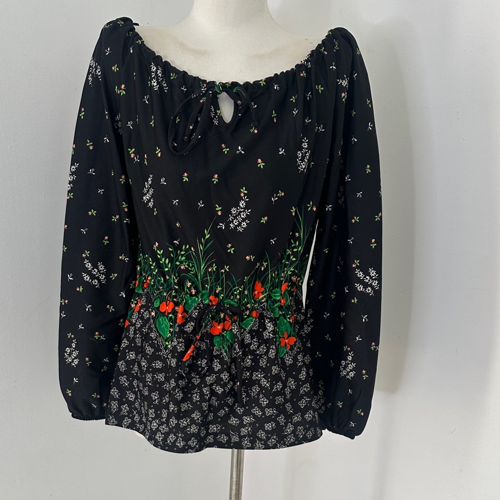 Vintage 70s Floral Boho Cinch Waist Peasant Blouse